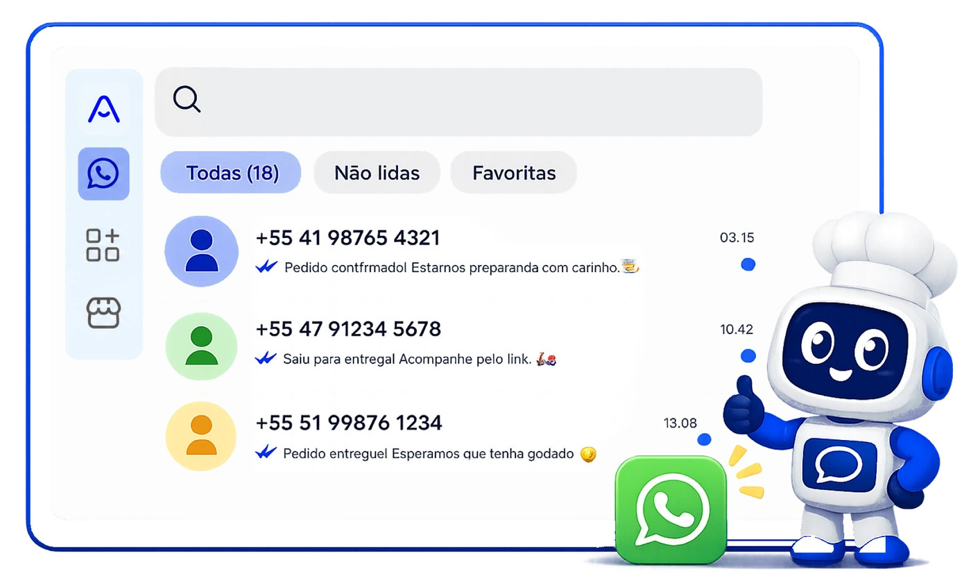 Caixa de entrada do WhatsApp com pedidos sendo respondidos automaticamente pelo assistente do Alinhafood